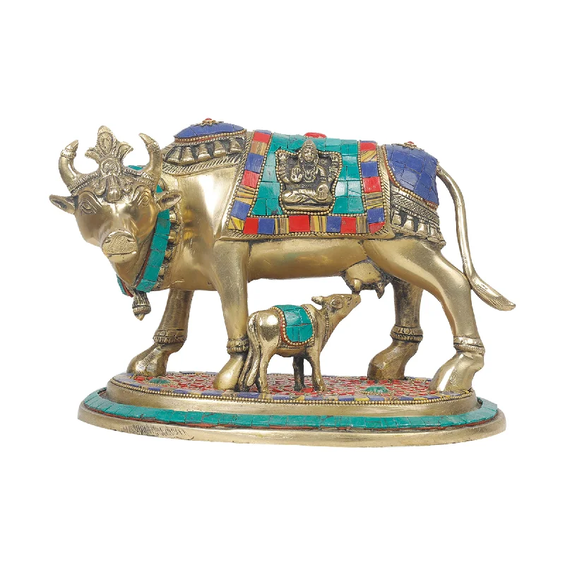 Designer glass table vases-Brass Cow With Calf Stone Work