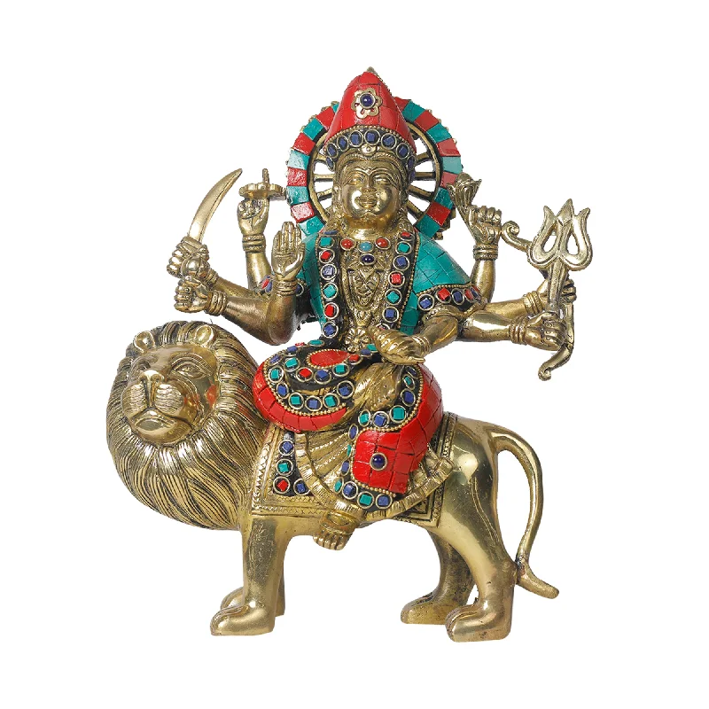 Modern circular table clocks-Brass Durga Sitting On Lion