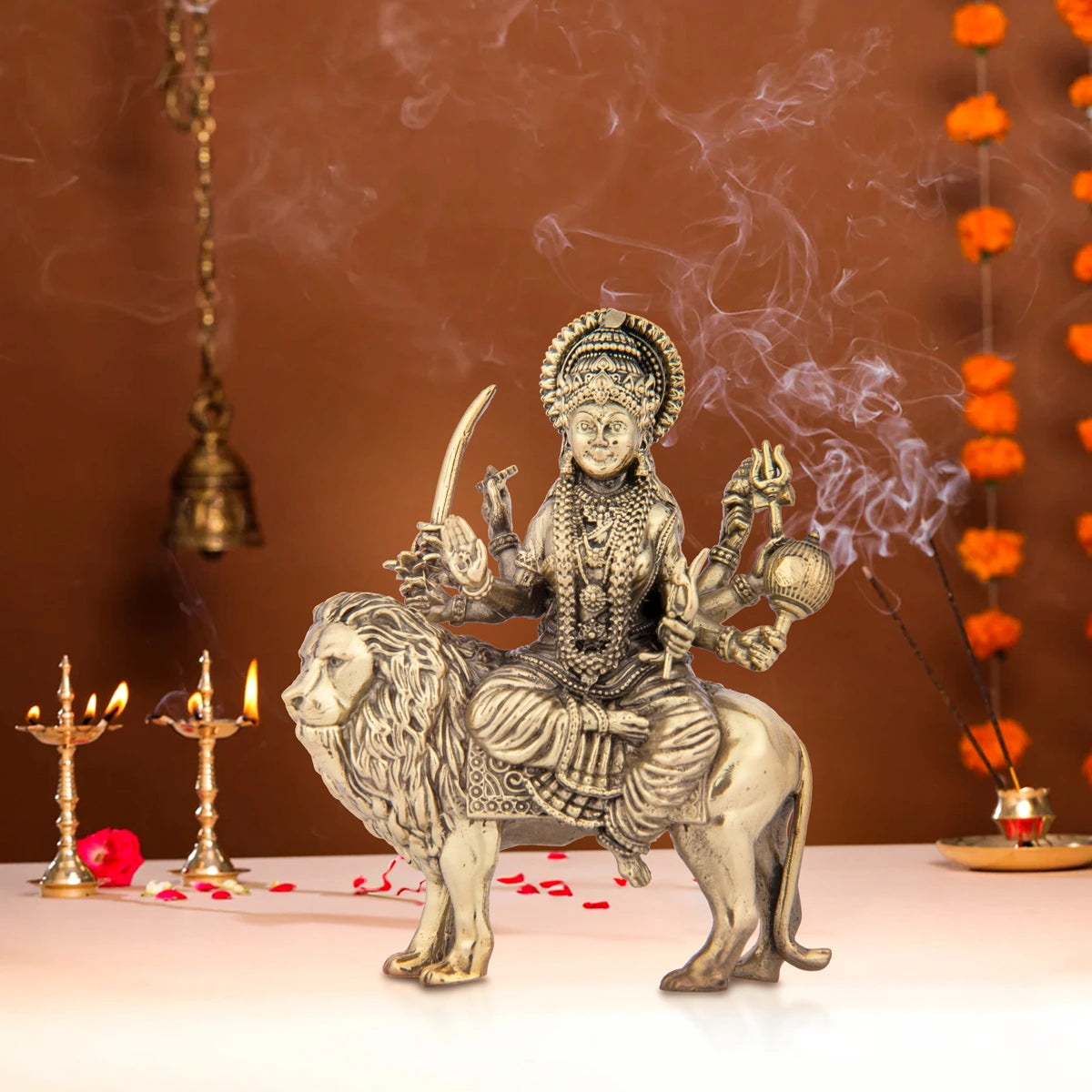 Sleek stainless wall decor-Durga Devi Sitting On Lion - 6 x 4 Inches | Brass Statue/ Durga Murti for Pooja/ 490 Gms Approx