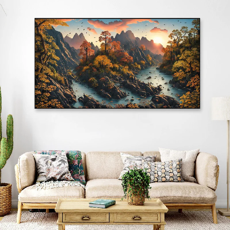 Stylish wooden wall shelves-Beautiful Nature Autumn Mountain Floating Frame Landscape Canvas Wall Painting