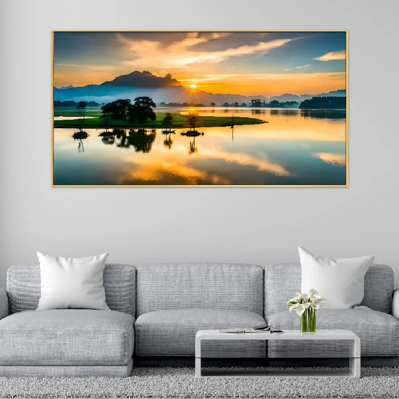 Elegant crystal table statues-Beautiful Nature Sunrise Over a Lake with Mountains Canvas Framed Wall Painting