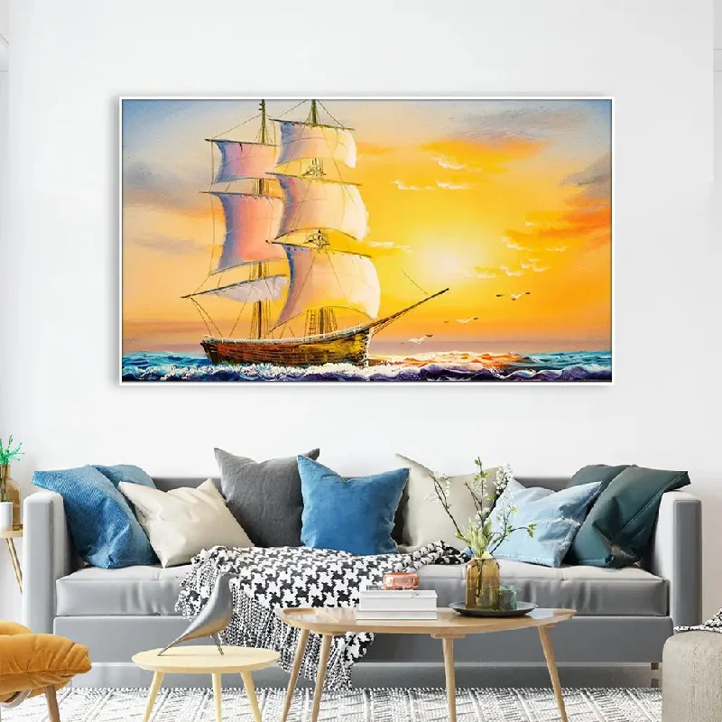 Luxury silk throw blankets-Beautiful Ship in the Sea Floating Framed Canvas Wall Painting