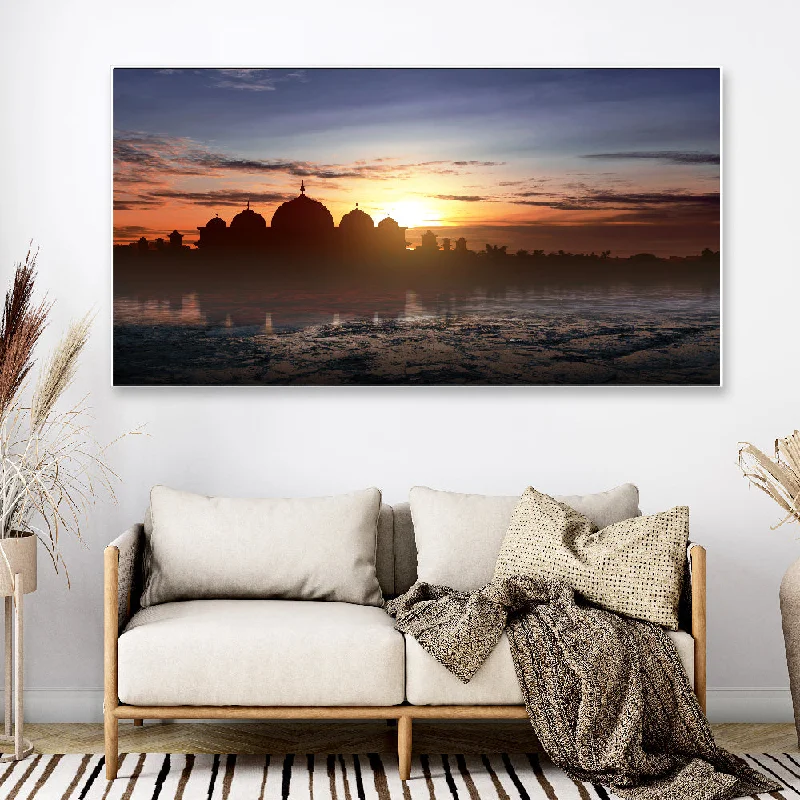 Elegant bronze plant pots-Beautiful Sunset Evening View silhouette of a mosque Floating Frame Canvas Print Wall Painting