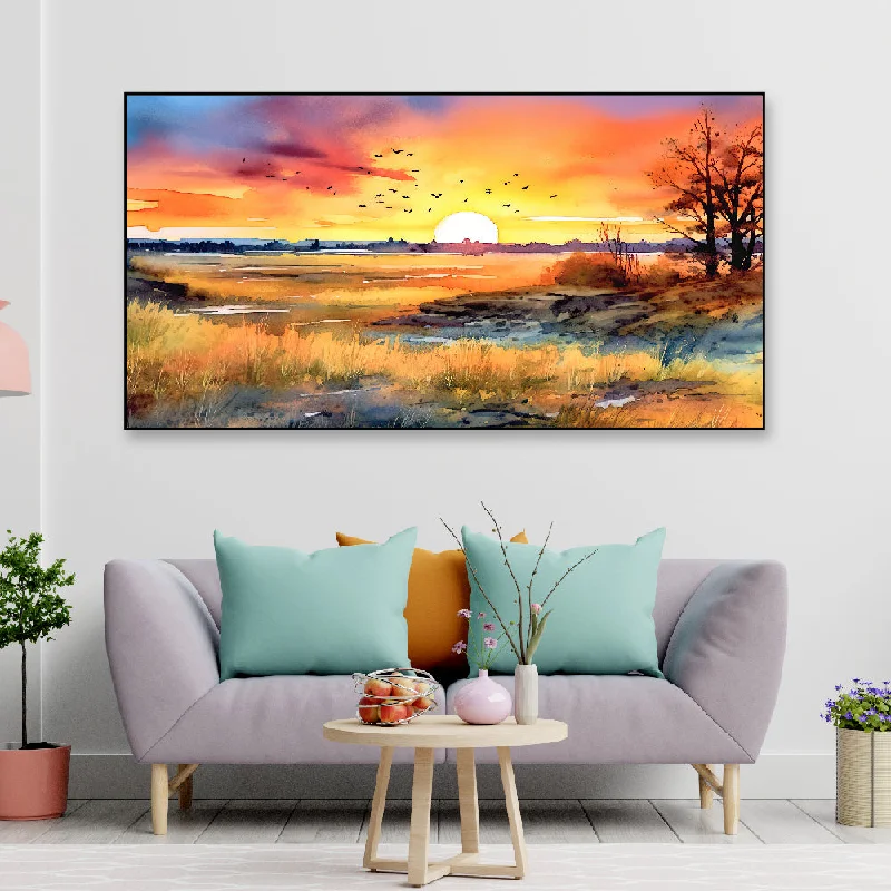 Cute kids’ star mirrors-Beautiful Sunset Over a Field with Flowers and Trees Floating Frame Landscape Canvas Wall Painting