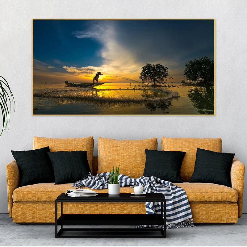 Modern circular table clocks-Beautiful Sunset River View Floating Frame Canvas Print Wall Painting