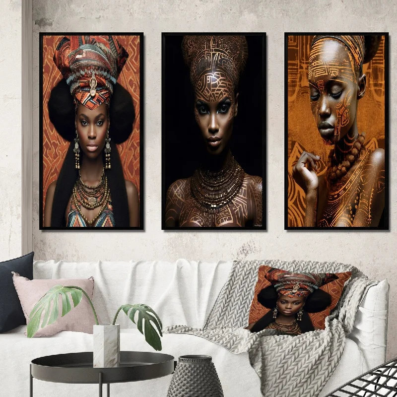 Rustic wooden table runners-Designart "Beautiful African Lady Traditional Style Attire" African American Woman Gallery Set Of 3 For Office Decor