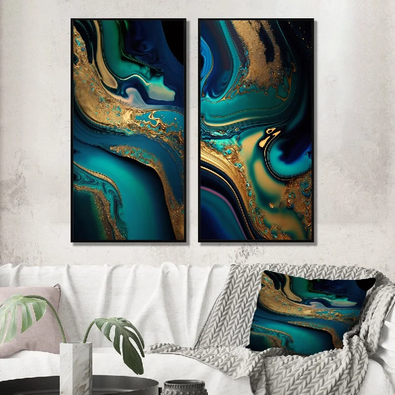 Floral embroidered wall hangings-Designart "Blue Dreams Liquid Gold And Turquoise Marble V" Abstract Painting Framed Wall Art Gallery Wall Set Of 2