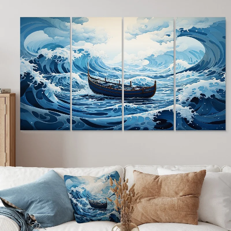 Minimalist rattan throw blankets-Designart "Blue Surreal Seas Boat" Coastal Boat Extra Large Canvas Set Of 4 - Oversized Coastal Wall Art Decor