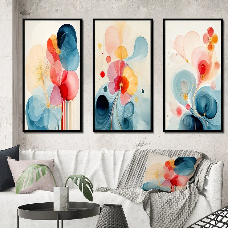 Luxury silver wall mirrors-Designart "Energy Of Blossoming Life Retro Minimal Flower IV" Abstract Painting Frame Gallery Set Of 3 For Office Decor