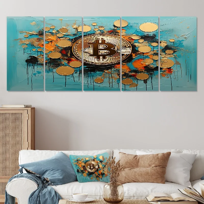 Cute bear-themed wall art-Designart "Gold And Blue Crypto Bitcoin Collage" Fashion Bitcoin Set Of 5 Glam Oversized Canvas Art Print For Home Decor