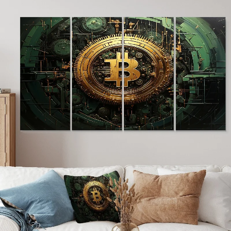 Modern abstract area rugs-Designart "Gold Impressionistic Crypto Bitcoin" Fashion Bitcoin Extra Large Canvas Set Of 4 - Oversized Glam Wall Art