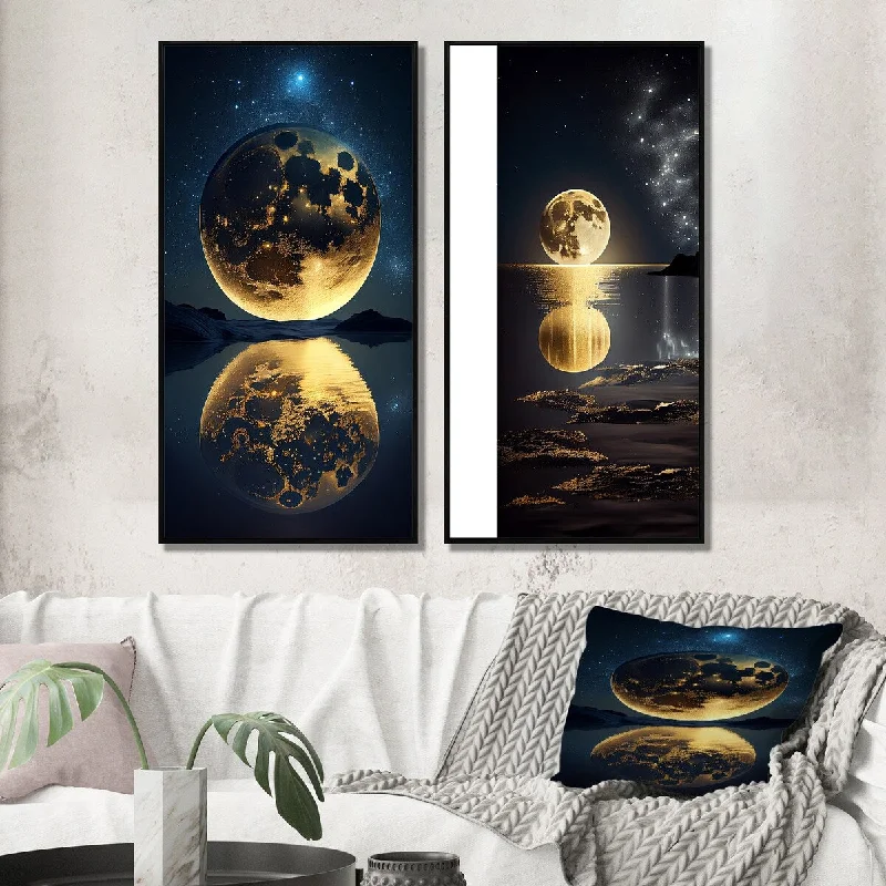 Floral embroidered cushions-Designart "Golden Full Moon Beach Dream By Night Shore I" Beach Framed Wall Art For Bedroom - Coastal Wall Art Set Of 2