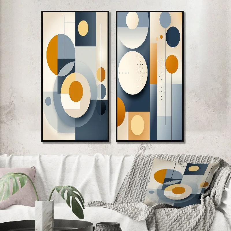 Hand-painted bamboo frames-Designart "Graphic Circular Geometric In Yellow And Blue III" Modern Midcentury Gallery Wall Set Of 2 For Home Decor