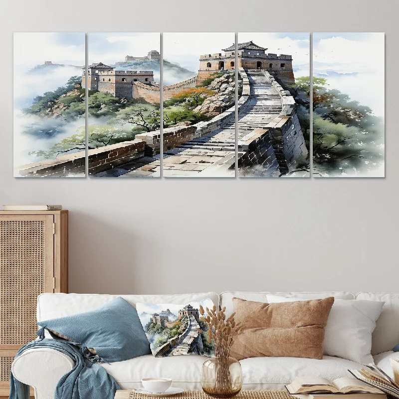 Cute kids’ animal clocks-Designart "Great Wall Of China Serenity V" Grey China Art Set Of 5 - Global Oversized Canvas Art Print For Home Decor