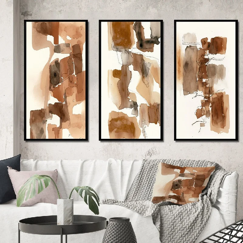 Sleek stainless wall decor-Designart "Liquid Earth Tones I" Abstract Liquid Ink Framed Wall Art Set Of 3 - Modern Gallery Wall Set For Home Decor