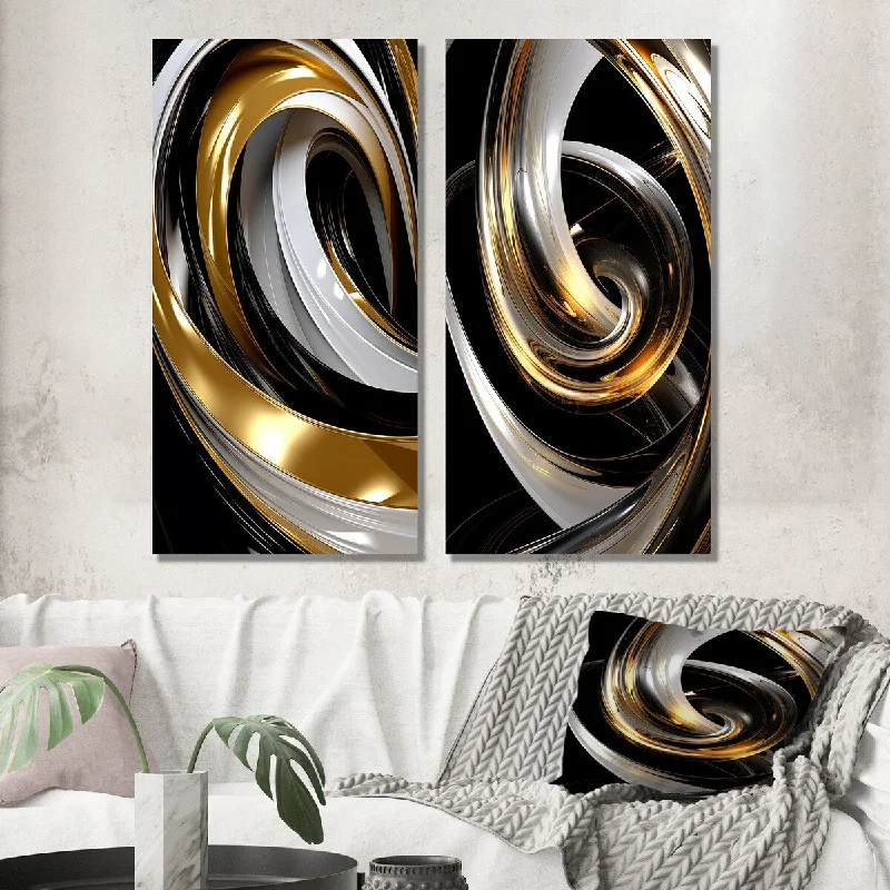 Luxury stone throw cushions-Designart "Liquid Gold Black And White Swirling Dimension III" Abstract Spirals Wall Art Set of 2 For Living Room Decor