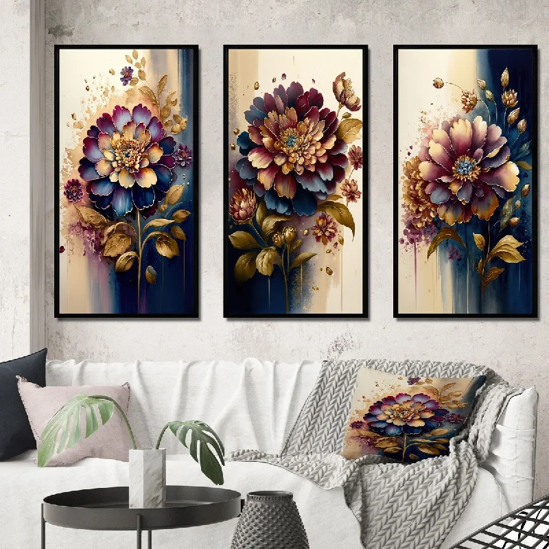 Sleek metal wall sculptures-Designart "Night Shade Zinnia Floral Design I" Floral & Botanical Framed Wall Art Set Of 3 Traditional For Office Decor