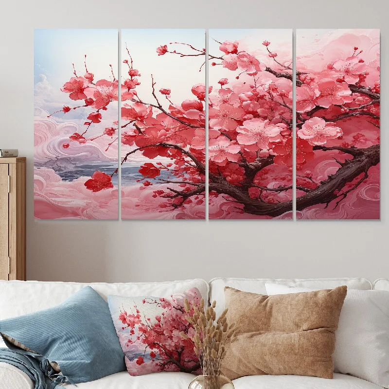 Handmade clay candle holders-Designart "Pink Blossom Cheery Tree Wind II" Cherry Canvas Set Of 4 - Oversized Traditional Wall Art For Entryway