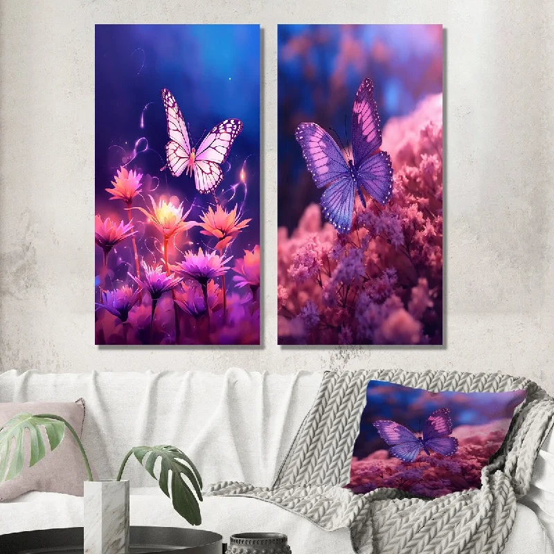 Sleek black metal statues-Designart "Pink Butterfly Wonderful Sunset I" Animal Wall Art Set of 2 - Children's Art For Living Room Decor