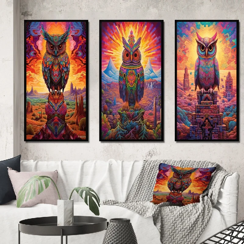 Cute animal-themed blankets-Designart "Portrait Of Purple Shamanic Owl Mexican Dessert II" Animals Owl Frame Gallery Set Of 3 For Office Decor