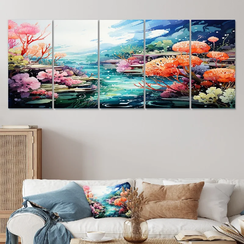 Bold blue wall mirrors-Designart "Realistic Underwater Coral Garden III" Pink Coral Set Of 5 - Modern Oversized Canvas Art For Bedroom Decor