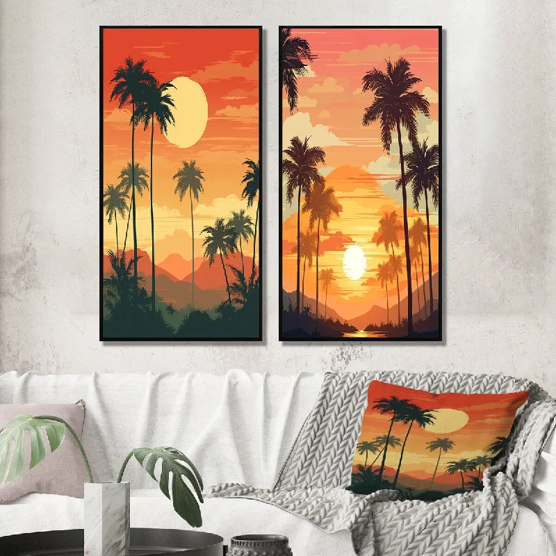 Rustic wooden accent shelves-Designart "Sun Setting over Palm Trees Retro Illustration III" Meadow Wall Art Décor - Traditional Wall Art Set Of 2