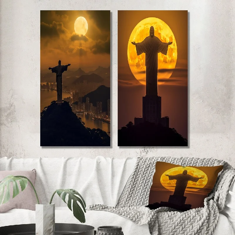 Vintage polka dot rugs-Designart "Supermoon Over Christ the Redeemer In Rio V" Christianism Wall Art Set of 2 - Traditional For Office Decor