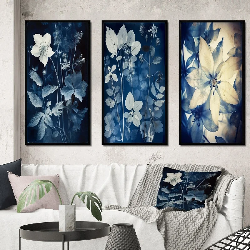 Sleek black metal statues-Designart "Vintage Botanical Autumn Leaves Faded Blue II" Abstract Botanicals Frame Gallery Wall Set Of 3 For Home Decor