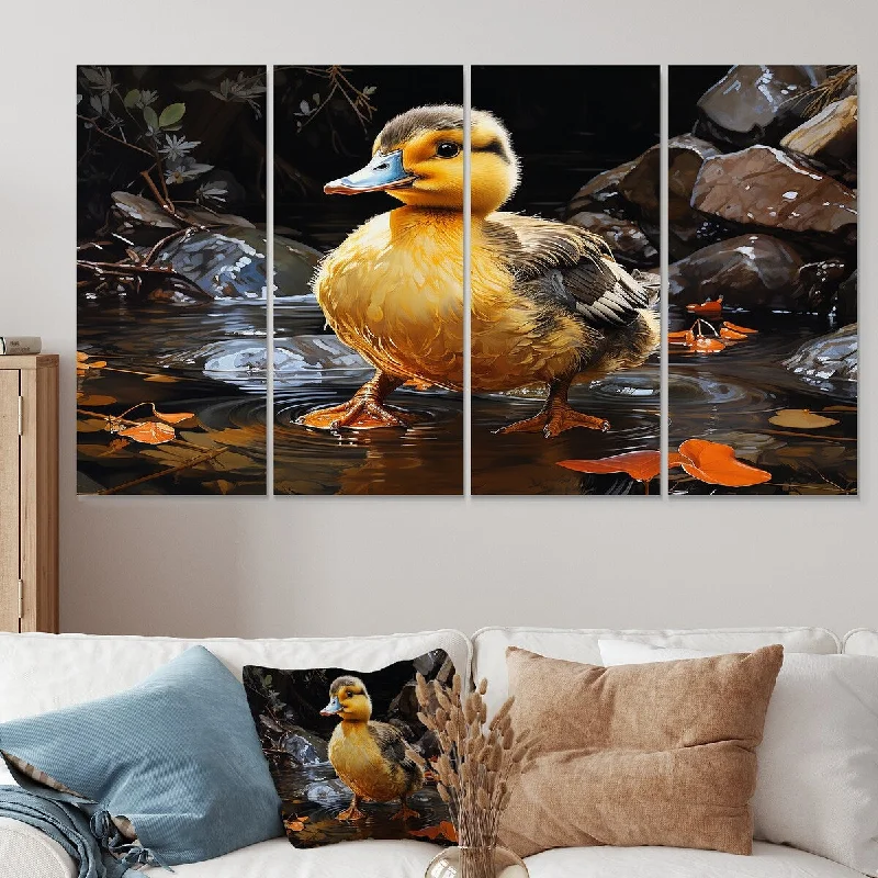 Designer crystal candle lanterns-Designart "Yellow And Black Duck Feathered Pond Elegance" Duck Canvas Set Of 4 Oversized Modern Farmhouse Wall Art Decor