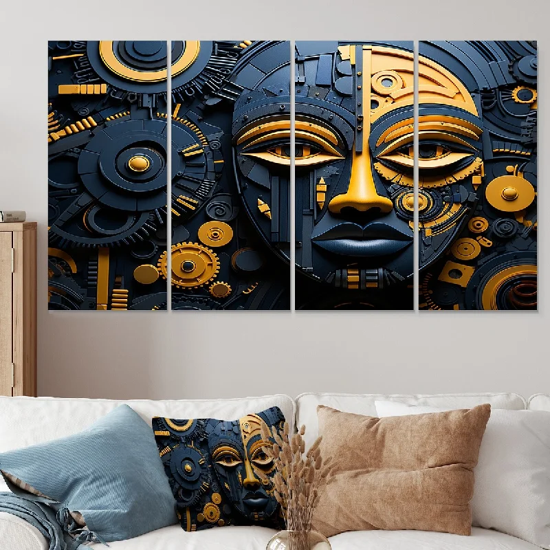 Luxury stone wall clocks-Designart "Yellow And Blue African Kuba Patterns Mask" African Mask Canvas Set Of 4 - Oversized Global Wall Art