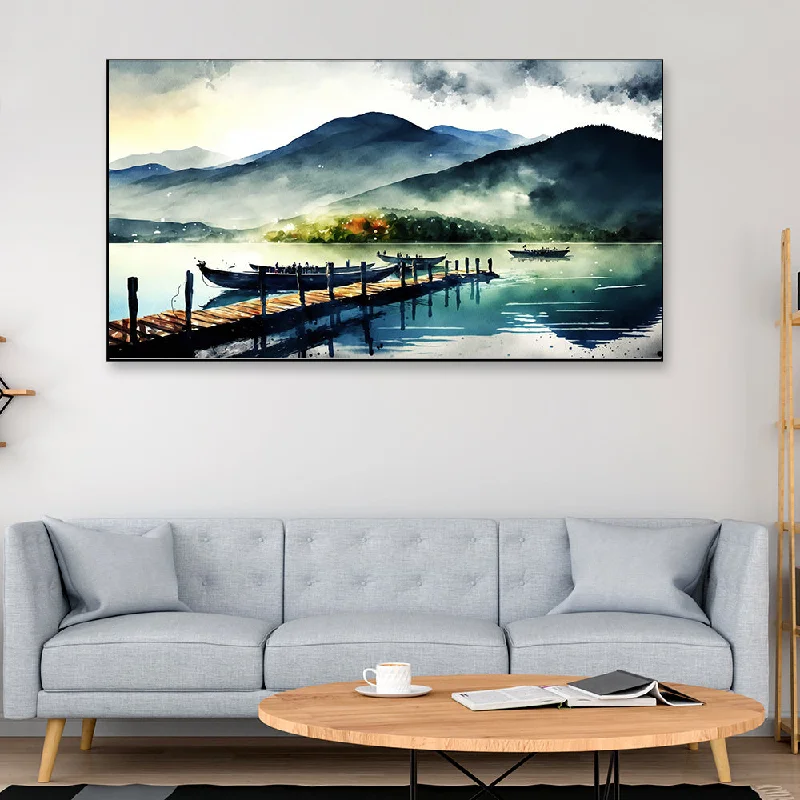 Rustic linen wall hangings-Dock on a Mountain Lake Canvas Painting