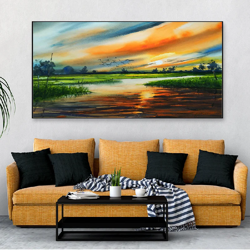 Sleek metal wall planters-Fiery Sunset Nature Canvas Painting