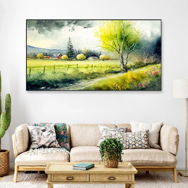 Rustic linen wall hangings-Green Bloom Trees Spring Landscape Floating Frame Landscape Canvas Wall Painting