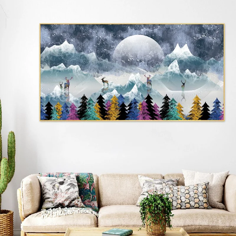 Designer stone table lamps-Multicolor Deer Amidst Snowy Peaks Canvas Framed Wall Painting