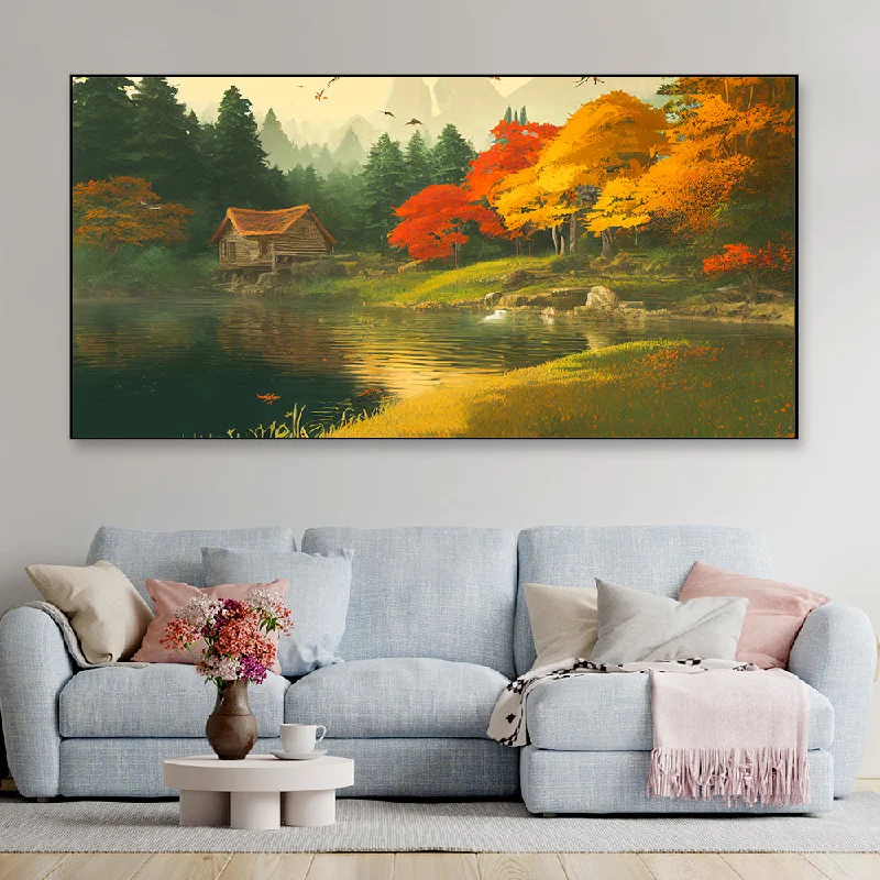 Cute cat-themed figurines-Riverside Redwood Cabin canvas wall art painting