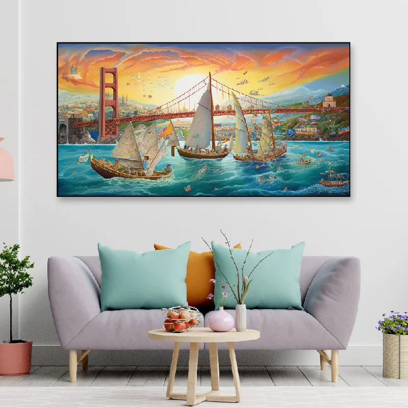 Handmade pottery wall clocks-Sailing Past Golden Gate Bridge Floating Frame Landscape Canvas Wall Painting