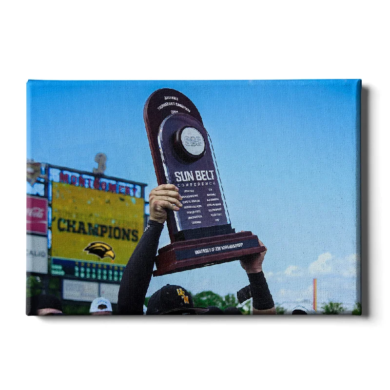 Sleek acrylic terrariums-Southern Miss Golden Eagles - Sun Belt Trophy Held High Wall Art