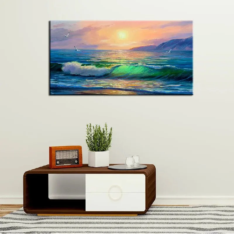 Stylish rattan accent baskets-Sundown Serenity Big Panoramic Beautiful Sea Sunset Scenery Canvas Wall Painting