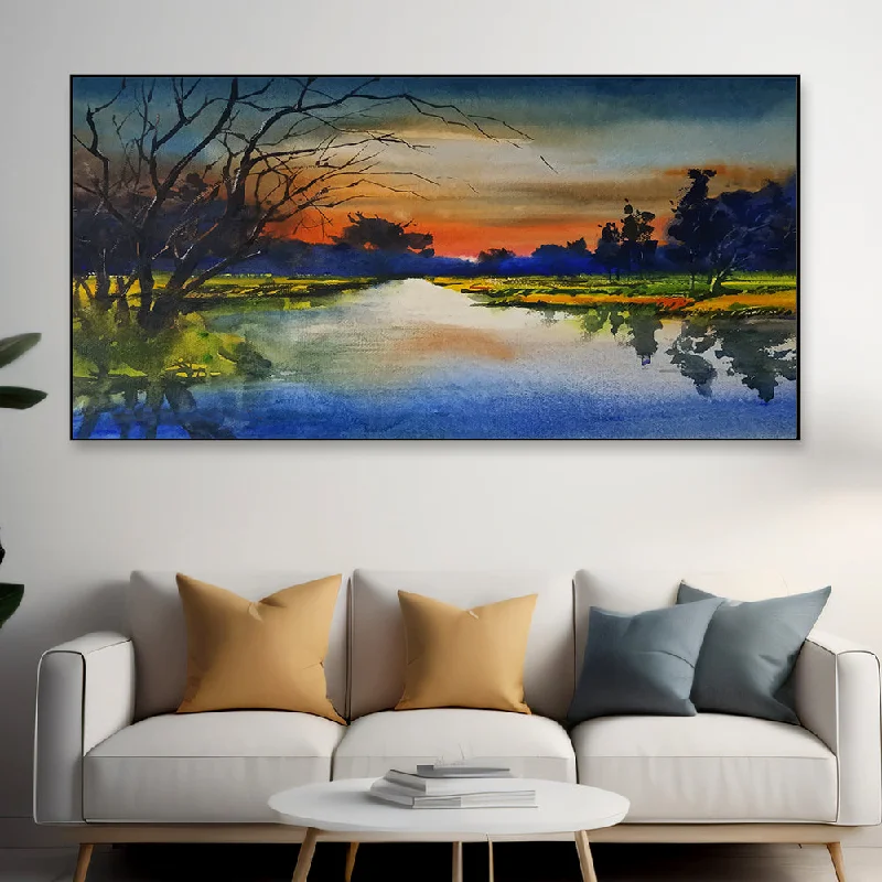 Rustic wooden candle trays-Sunset River Landscape Canvas Painting