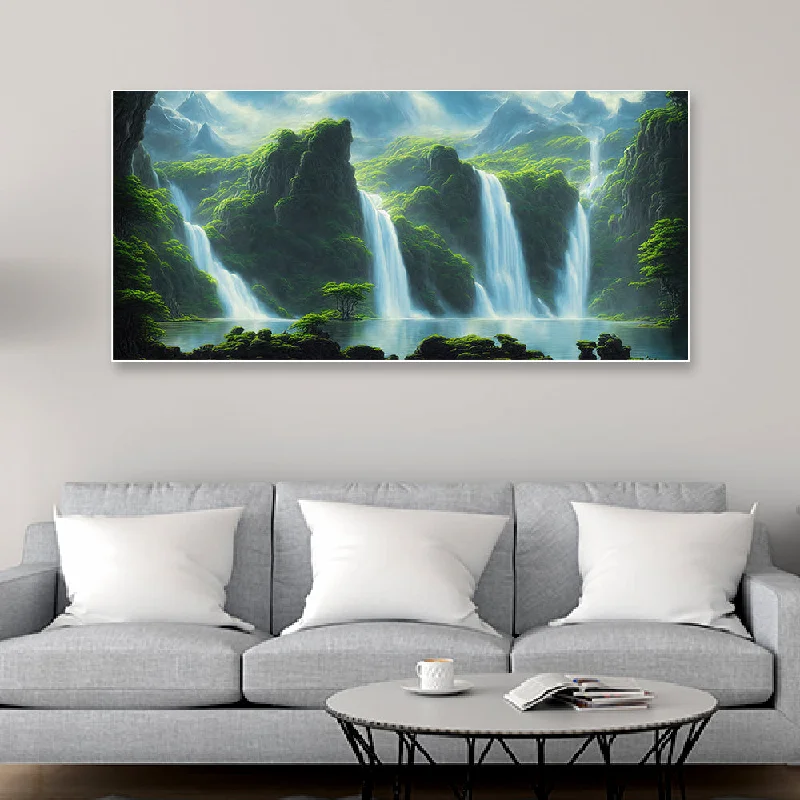 Sleek black metal statues-Waterfall Cascading Down Lush Green Mountains Canvas Painting