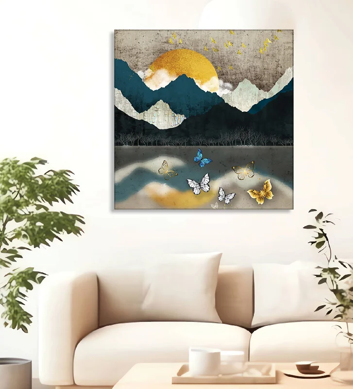 Luxury silver wall mirrors-A Mountain Landscape Painting Depicting a Place of Tranquility Where Towering Peaks Meet a Still Lake, With Butterflies