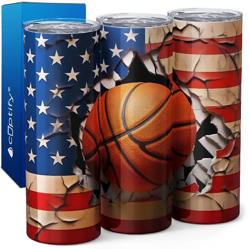 Leak-proof kids’ tumblers-Basketball American Flag 20oz Skinny Tumbler