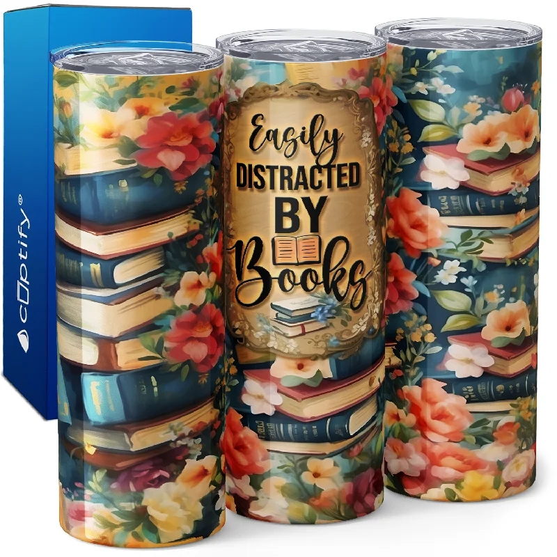 Personalized name travel tumblers-Easily Distracted by Books 20oz Skinny Tumbler