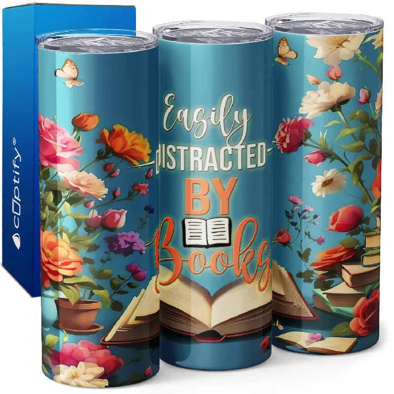 Sleek aluminum water mugs-Easily Distracted by Books with Flowers 20oz Skinny Tumbler